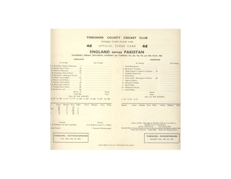 ENGLAND V PAKISTAN 1962 (HEADINGLEY) CRICKET SCORECARD