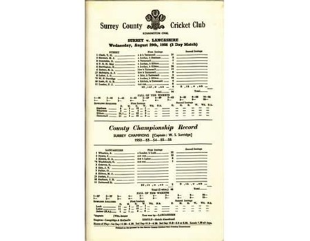 SURREY V LANCASHIRE 1956 (ON SILK) CRICKET SCORECARD - SURREY CONFIRMED AS CHAMPIONS