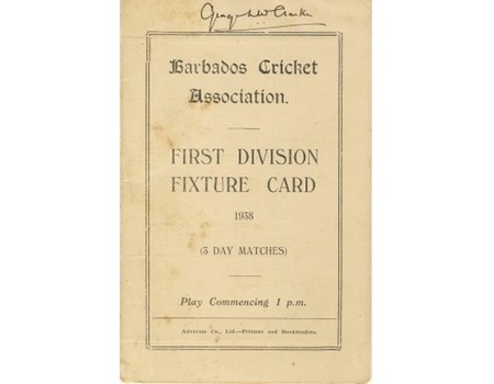 BARBADOS CRICKET SEASON 1938 (1ST DIVISION FIXTURE CARD)