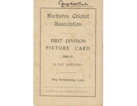 BARBADOS CRICKET SEASON 1936-37 (FIXTURE CARD)