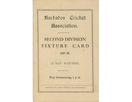 BARBADOS CRICKET SEASON 1937-38 (2ND DIVISION FIXTURE CARD)