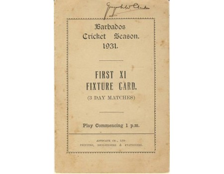 BARBADOS CRICKET SEASON 1931 (FIXTURE CARD)
