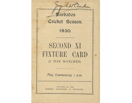 BARBADOS CRICKET SEASON 1930 (2ND XI FIXTURE CARD)