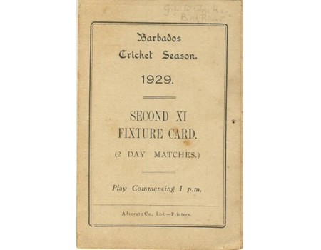 BARBADOS CRICKET SEASON 1929 (2ND XI FIXTURE CARD)