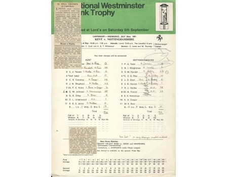 KENT V NOTTINGHAMSHIRE 1981 CRICKET SCORECARD - SIGNED BY RANDALL & RICE