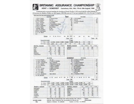 KENT V SOMERSET 1996 (WALKER 275 NOT OUT) SIGNED CRICKET SCORECARD