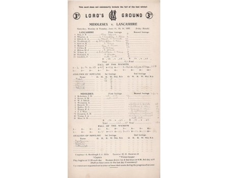 MIDDLESEX V LANCASHIRE 1955 CRICKET SCORECARD