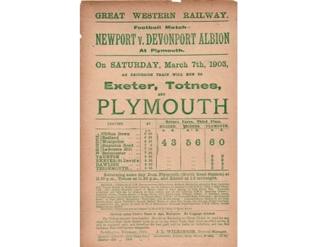 NEWPORT V DEVONPORT ALBION 1903 FOOTBALL RAILWAY HANDBILL