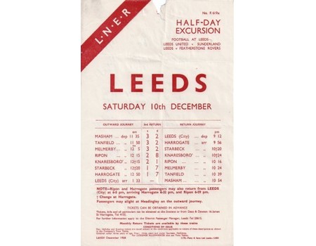 LEEDS UNITED V SUNDERLAND 1938 FOOTBALL RAILWAY HANDBILL