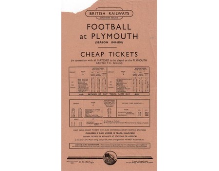 FOOTBALL AT PLYMOUTH 1949-50 (RAILWAY HANDBILL)