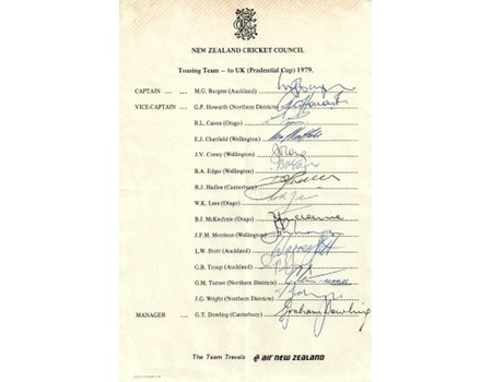 NEW ZEALAND IN CRICKET WORLD CUP 1979 (OFFICIAL SIGNED TEAM SHEET)