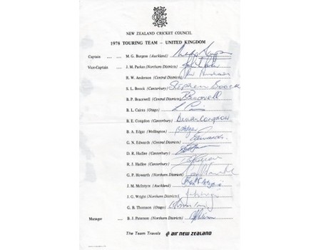 NEW ZEALAND TOUR OF ENGLAND 1978 (OFFICIAL TEAM SHEET)