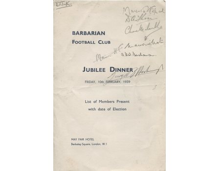 BARBARIANS JUBILEE DINNER 1939 RUGBY MENU CARD