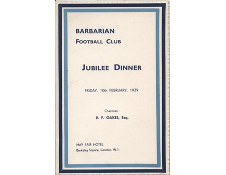 BARBARIANS JUBILEE DINNER 1939 RUGBY MENU CARD