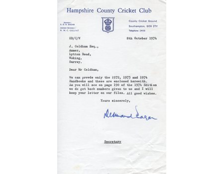 DESMOND EAGAR (GLOUCESTERSHIRE & HAMPSHIRE) 1974 CRICKET LETTER