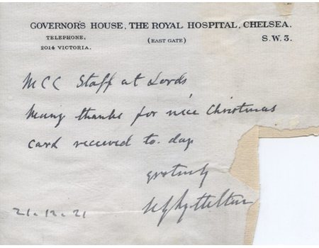 CHARLES LYTTELTON, 8TH VISCOUNT COBHAM (CAMBRIDGE UNIVERSITY) 1921 CRICKET LETTER