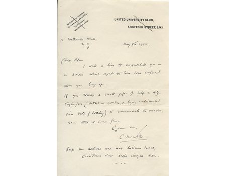 CYRIL WELLS (CAMBRIDGE UNIVERSITY, MIDDLESEX & SURREY) CRICKET LETTER - TO PLUM WARNER