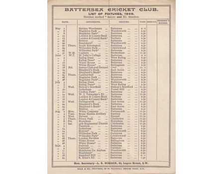 BATTERSEA CRICKET CLUB 1909 FIXTURE CARD