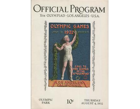 LOS ANGELES OLYMPICS 1932 - 4TH AUGUST OFFICIAL PROGRAM