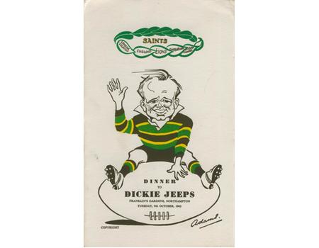 DINNER TO DICKIE JEEPS 1962 RUGBY MENU