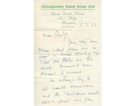 WILFRED WOOLLER TO PERCY BUSH 1953 AUTOGRAPHED RUGBY LETTER
