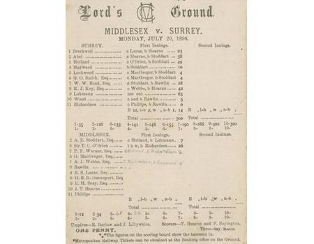 MIDDLESEX V SURREY 1896 CRICKET SCORECARD