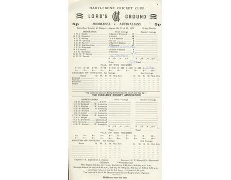 MIDDLESEX V AUSTRALIANS 1977 SCORECARD