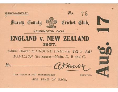 ENGLAND V NEW ZEALAND 1937 (THE OVAL) COMPLIMENTARY TICKETS