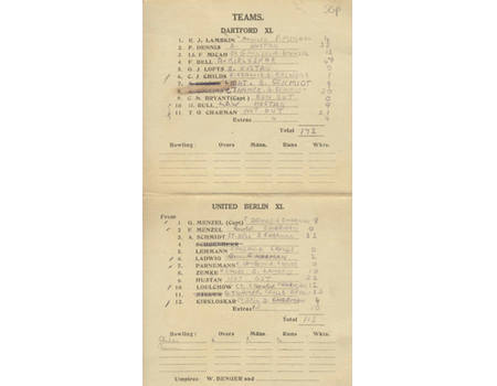 DARTFORD CC V UNITED BERLIN CC 1930 CRICKET SCORECARD
