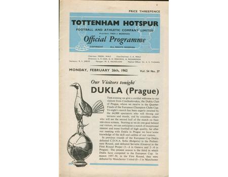 TOTTENHAM HOTSPUR V DUKLA PRAGUE 1961-62 (EUROPEAN CUP) FOOTBALL PROGRAMME