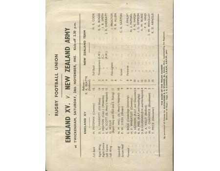 ENGLAND XV V NEW ZEALAND ARMY XV "KIWIS" 1945 RUGBY PROGRAMME
