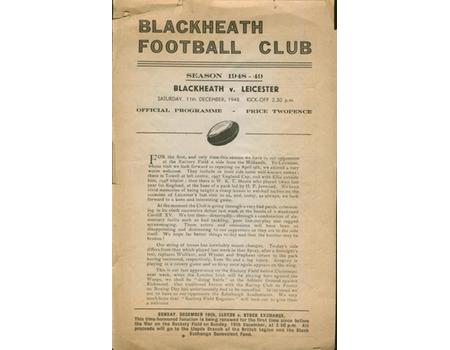 BLACKHEATH V LEICESTER 1948 RUGBY PROGRAMME