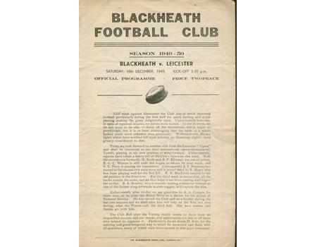 BLACKHEATH V LEICESTER 1949 RUGBY PROGRAMME
