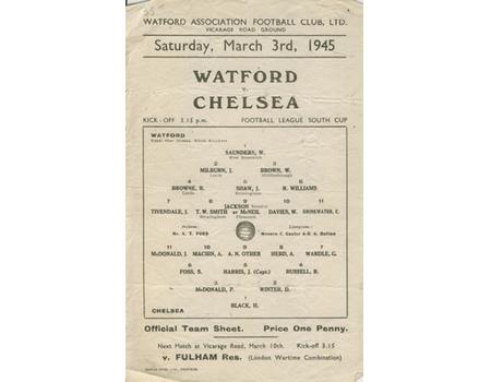 WATFORD V CHELSEA 1944-45 FOOTBALL PROGRAMME