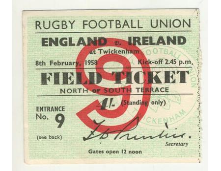 ENGLAND V IRELAND 1958 RUGBY TICKET
