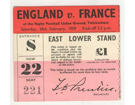 ENGLAND V FRANCE 1959 RUGBY TICKET