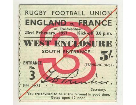 ENGLAND V FRANCE 1957 RUGBY TICKET