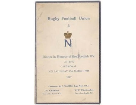 ENGLAND V SCOTLAND 1924 (ENGLAND GRAND SLAM) RUGBY DINNER MENU