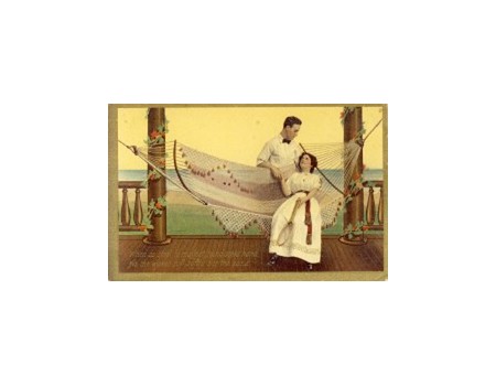 HAMMOCK ROMANCE WITH WOMAN HOLDING TENNIS RACQUET