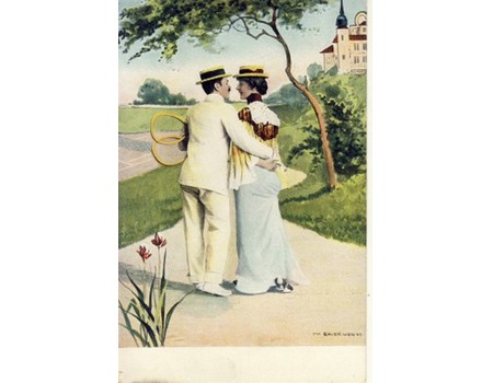 TENNIS COUPLE HUGGING WITH CASTLE IN BACKGROUND