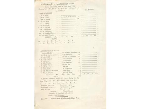 MARLBOROUGH V MARLBOROUGH BLUES 1966 CRICKET SCORECARD