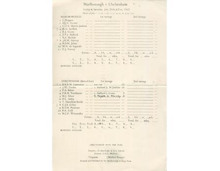 MARLBOROUGH V CHELTENHAM 1962 CRICKET SCORECARD