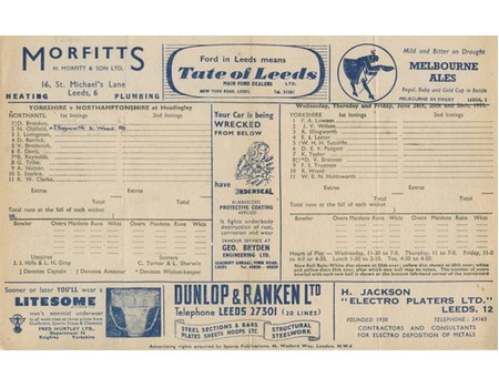YORKSHIRE V NORTHAMPTONSHIRE 1953 CRICKET SCORECARD