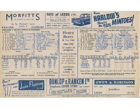ENGLAND V SOUTH AFRICA 1955 (HEADINGLEY) CRICKET SCORECARD