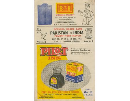 INDIA V PAKISTAN (MADRAS) 1952 CRICKET SCORECARD (PAKISTAN