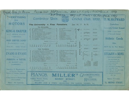 CAMBRIDGE UNIVERSITY V FREE FORESTERS 1920 CRICKET SCORECARD - HUBERT ASHTON 236
