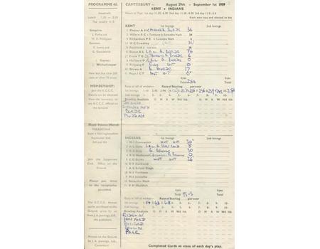 KENT V INDIA 1959 CRICKET SCORECARD