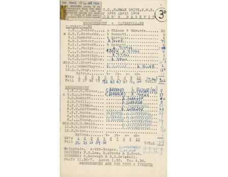 BRONDESBURY V CATERPILLARS 1954 CRICKET SCORECARD - LEN MUNCER
