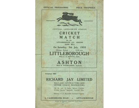 LITTLEBOROUGH V ASHTON 1952 CRICKET SCORECARD (INCLUDING C.S. NAYUDU - INDIA)