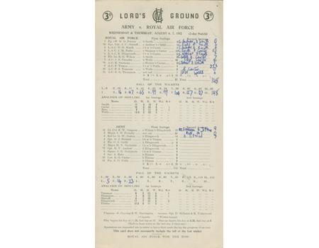 ARMY V ROYAL AIR FORCE 1952 CRICKET SCORECARD